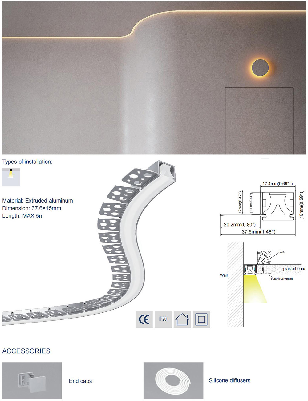 The details of plasterboard LED lighting channel bendable design