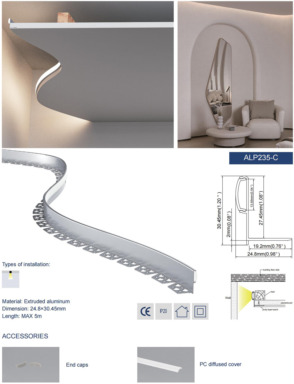 Flexible recessed LED profile for curved gypsum ceiling edges