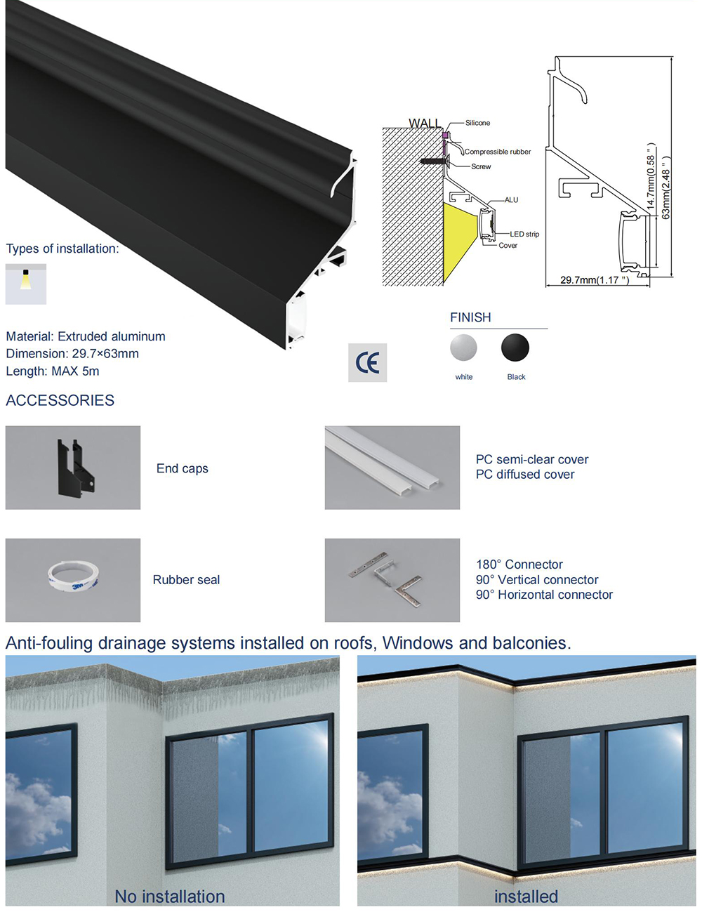 Outdoor LED strip aluminum profiles with drainage