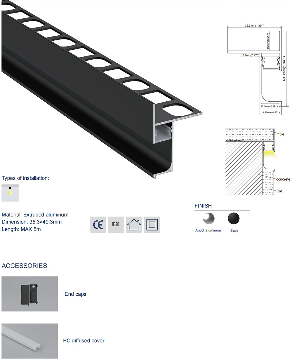 Tile edge recessed LED channel with diffuser