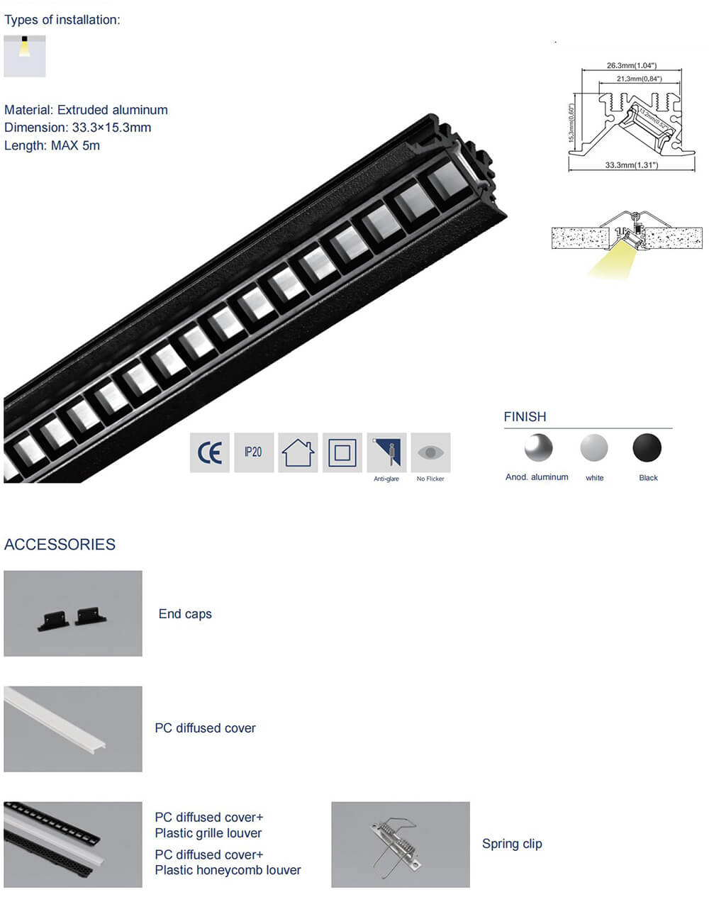 The details of flush-mount anti-glare ceiling recessed LED profile
