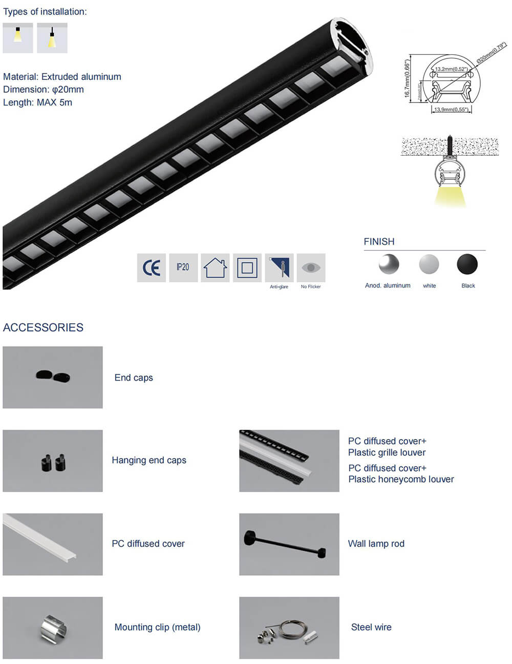 The size and accessories for mini linear LED lighting channel