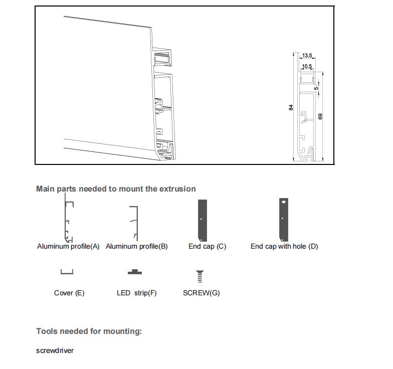 The parts of the baseboard lighting profiles and diffusers