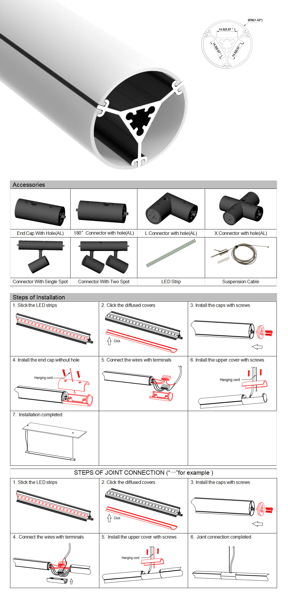 The details of the 360-degree black suspended light profiles and installation steps