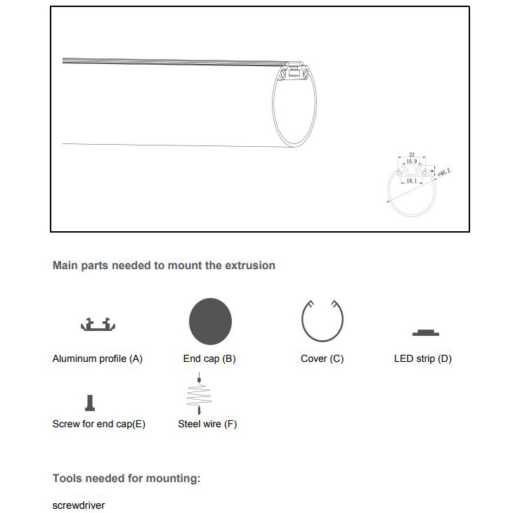 The parts of 40mm round LED strip profiles