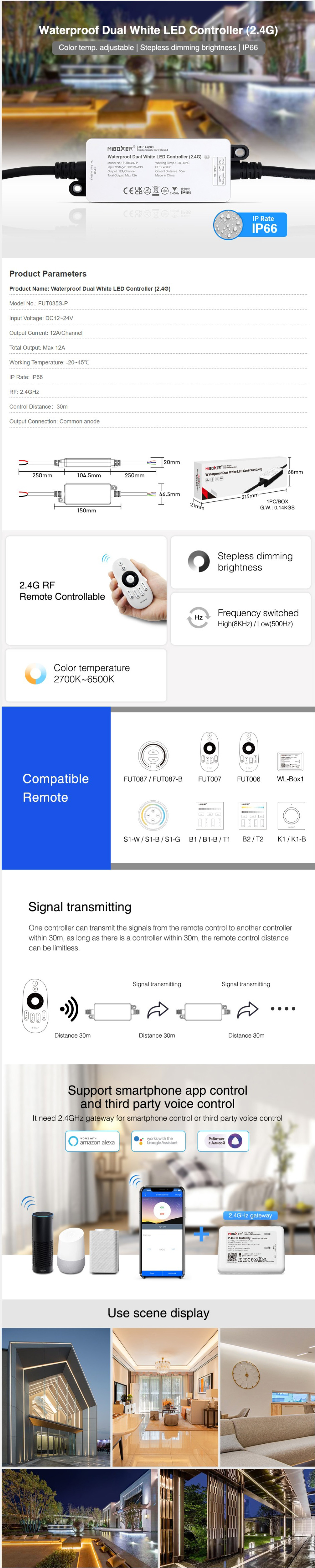 IP66 Waterproof Dual White LED Controller 2.4G