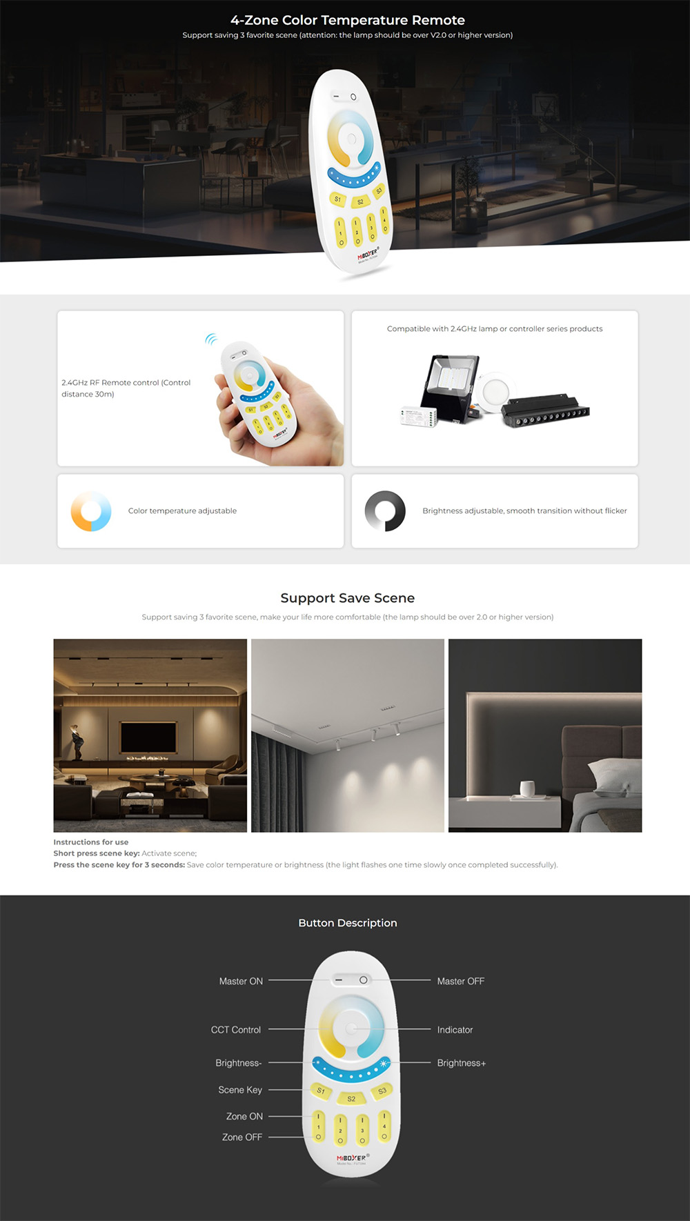 MiBoxer FUT094 4 Zones Remote For LED Tunable White