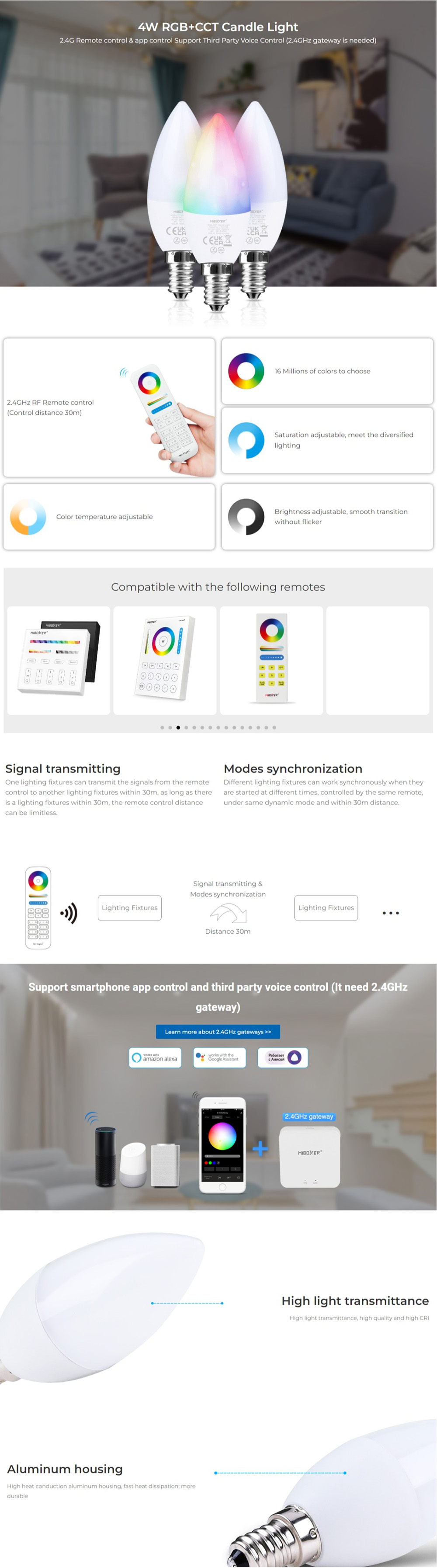 2.4G RF MiBoxer FUT108 RGBWW LED Candle Bulb With E14 Base