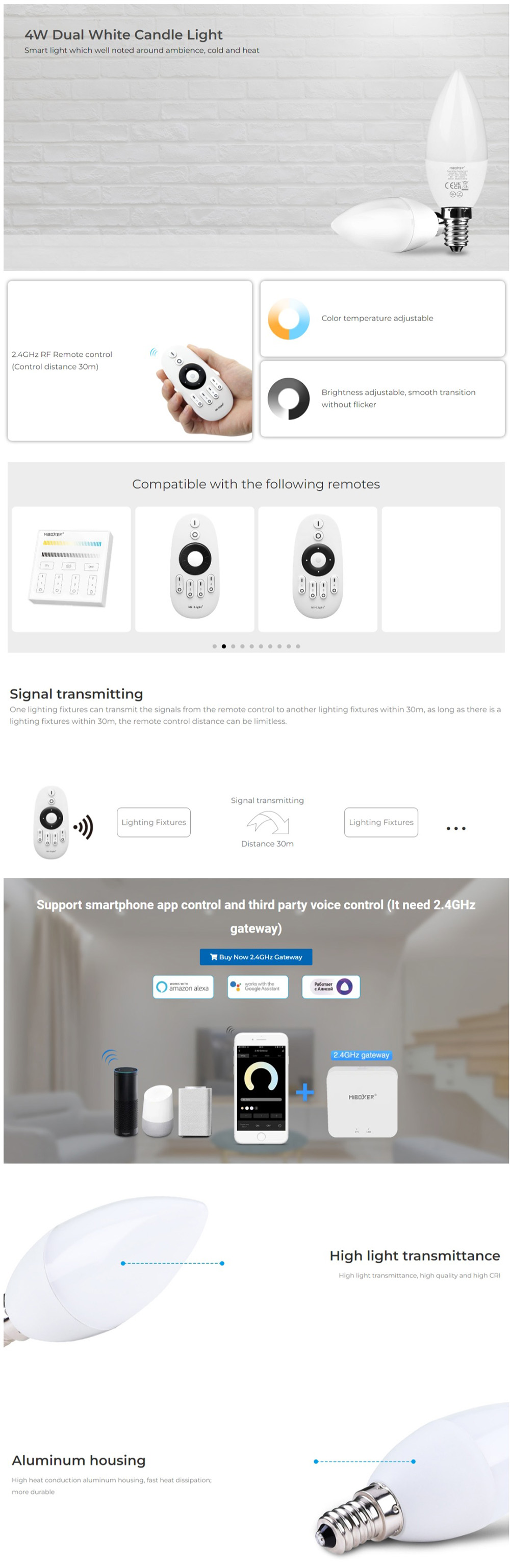 2.4G RF MiBoxer FUT109 Dual White E14 LED Candle Lamp