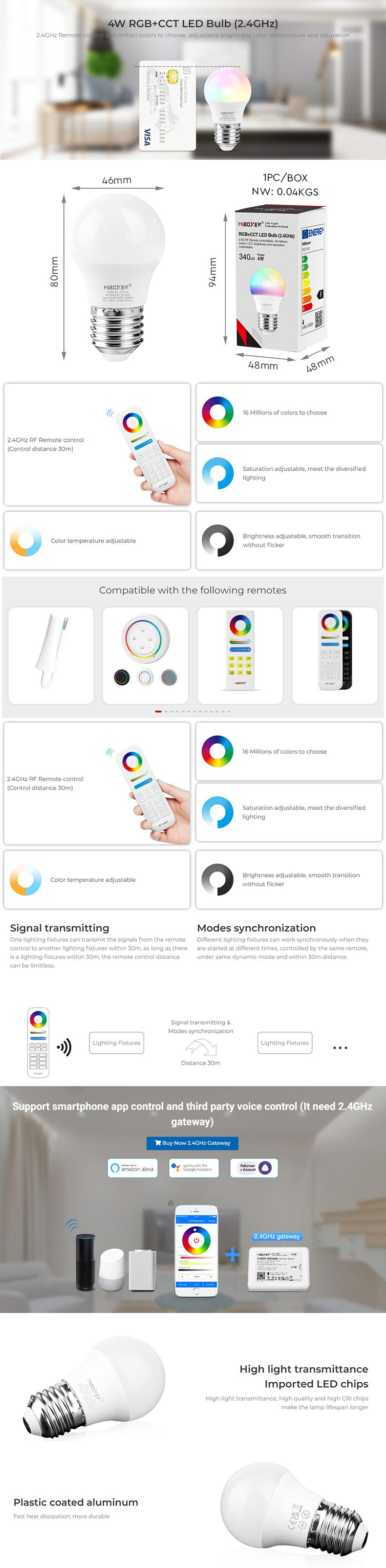 The details of the 2.4G controllable MiBoxer FUT110 4W E26 color-changing bulbs