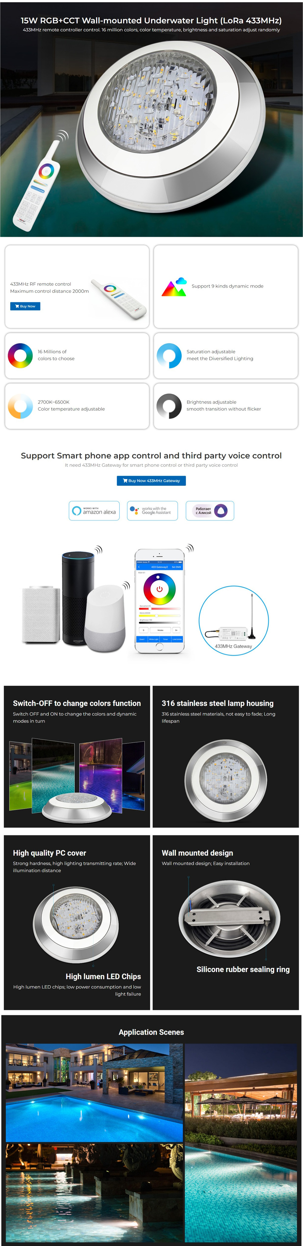 MiBoxer UW01 15W RGB+CCT LED Pool Light