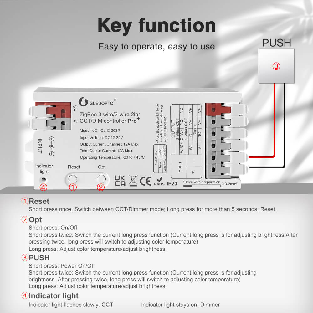 The buttons function of Gledopto 2 wire CCT LED controller