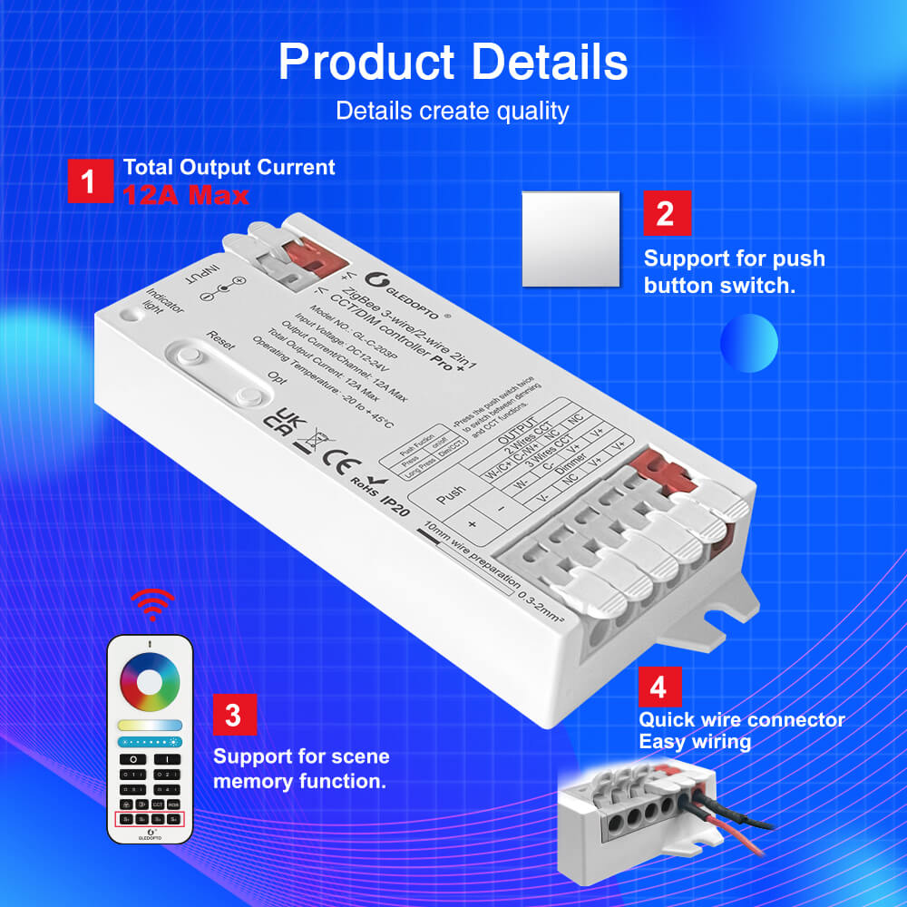 The features of 2 wire tunable white LED controller