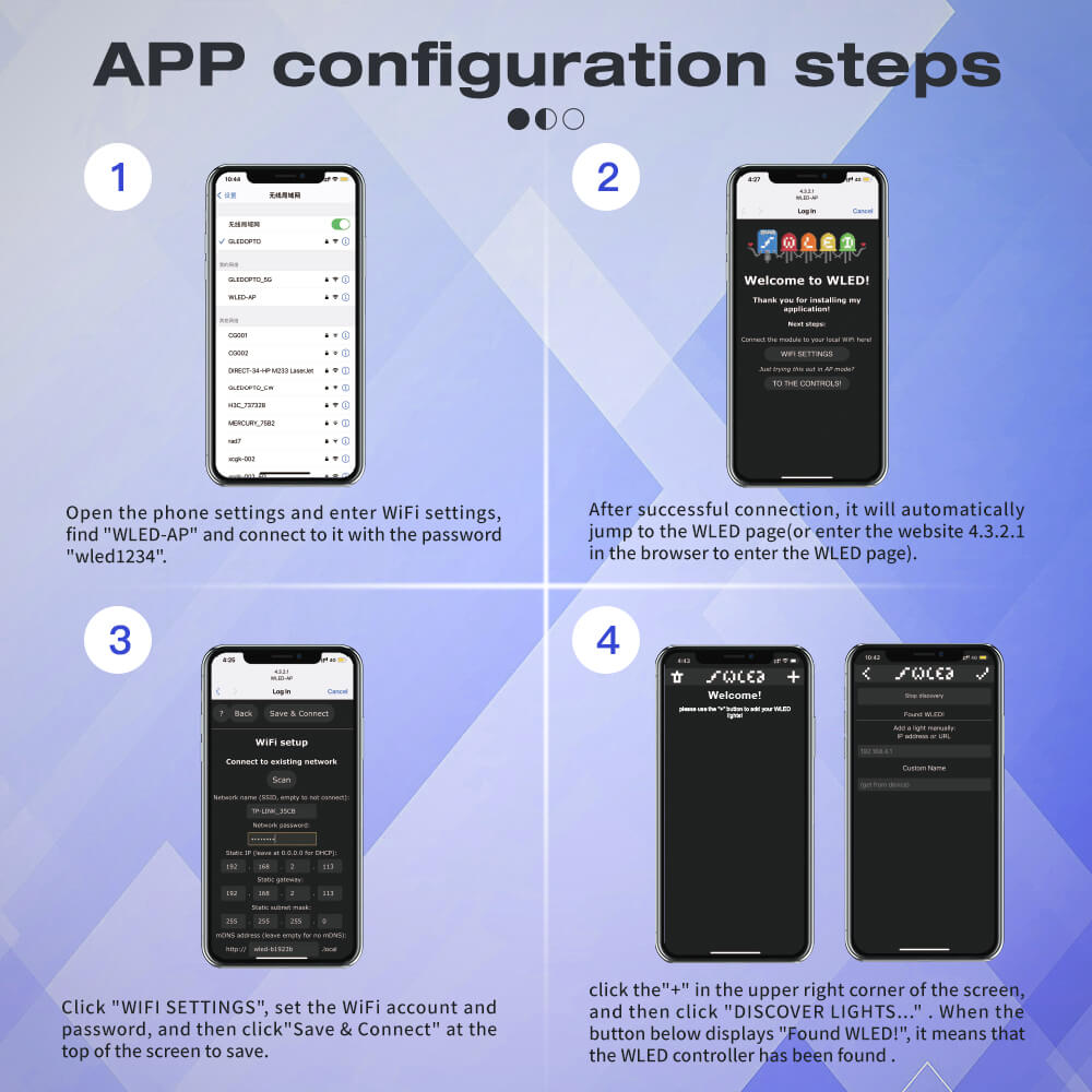 App configuration steps for WiFi WLED LED strip controllers