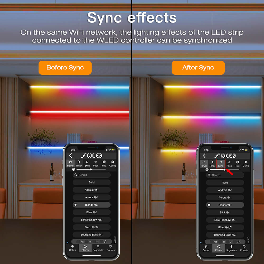 The lighting effects can be synchronized with small size ESP32 controllers