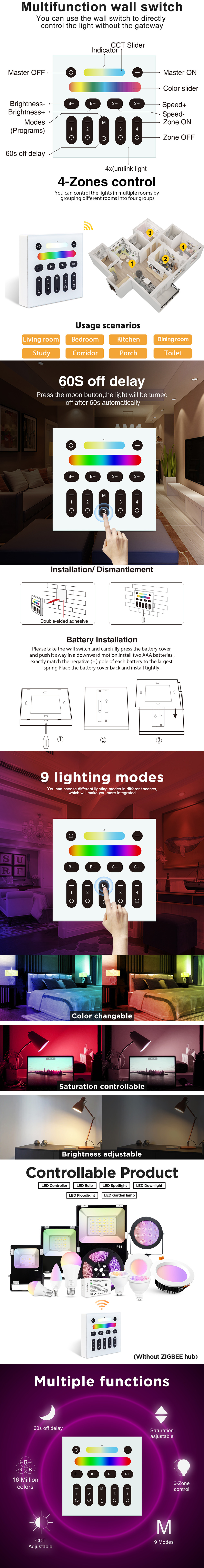 Gledopto Wall Mount 4 Zones Light Switch Smart